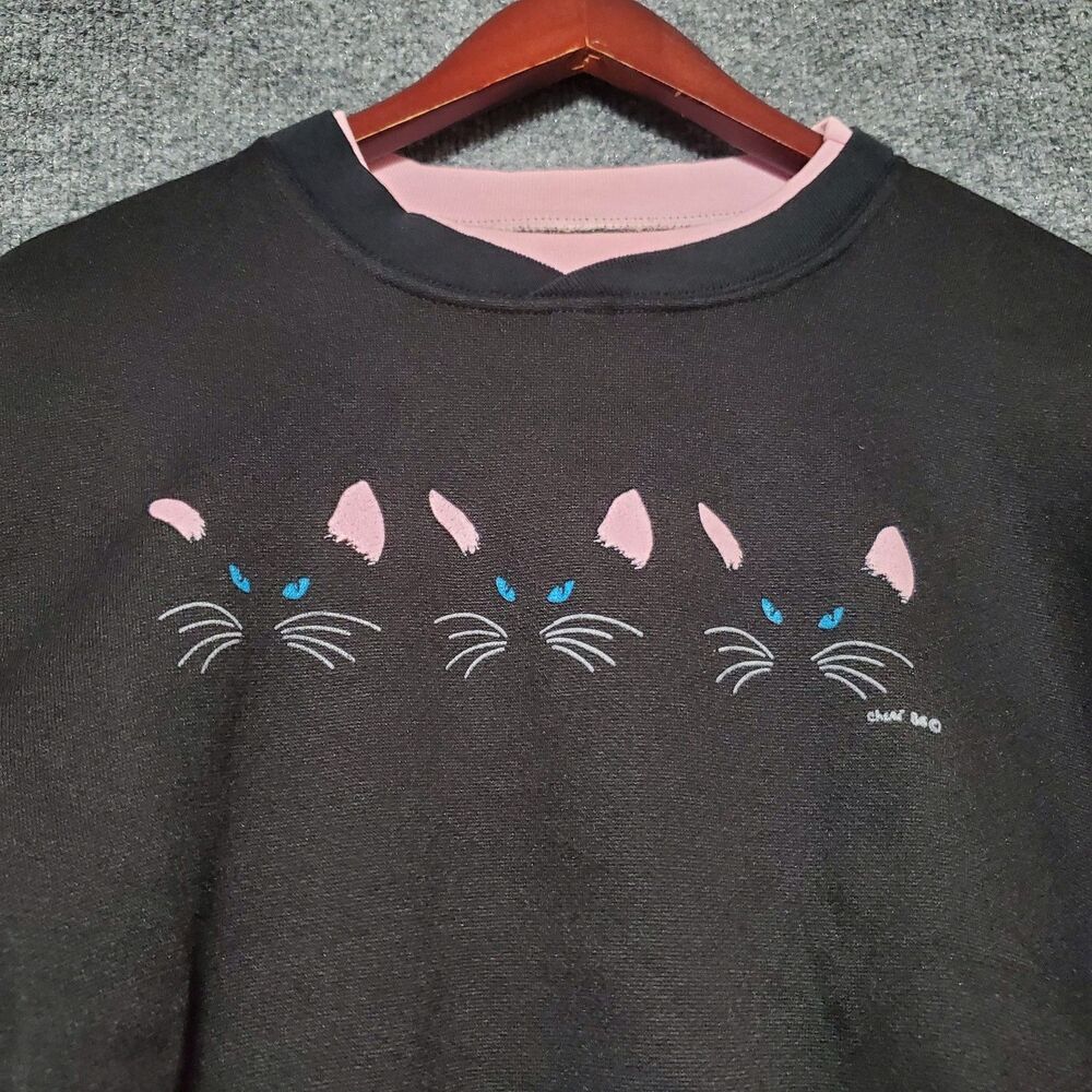 Vintage 80s Cat Sweatshirt Womens M Black Siamese Kitties USA Made Granny Style